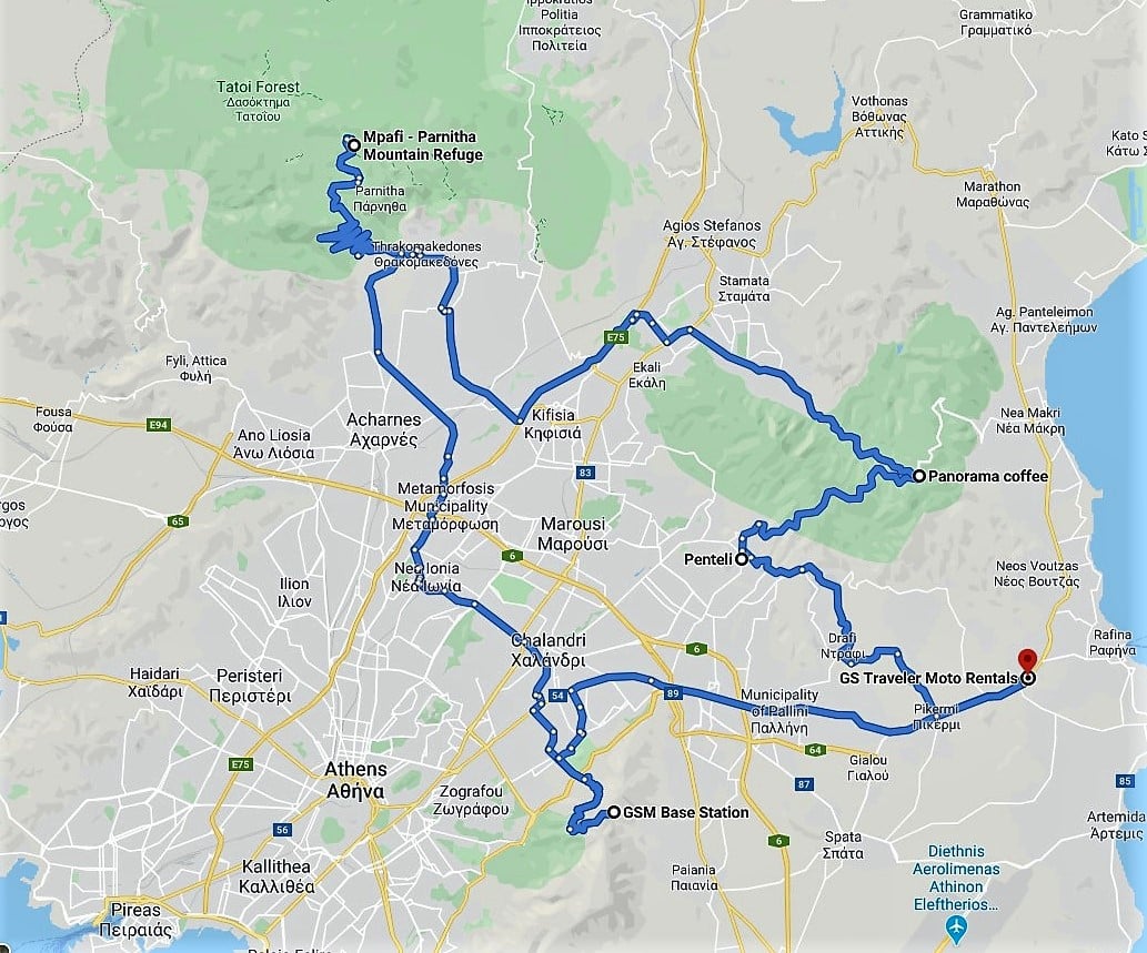 Ένας χάρτης που δείχνει μια διαδρομή περιήγησης με μοτοσικλέτα που ξεκινά από την GS Traveler Moto Rentals στην Αθήνα, περνώντας από τις περιοχές της Πάρνηθας και της Πεντέλης.