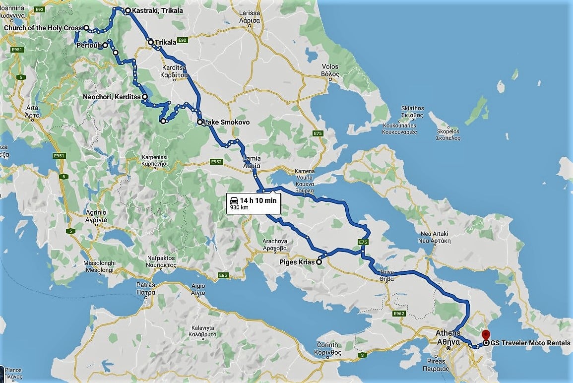 A map showing a 930 km motorcycle route starting from GS Traveler Moto Rentals in Athens, winding through scenic locations in central Greece.